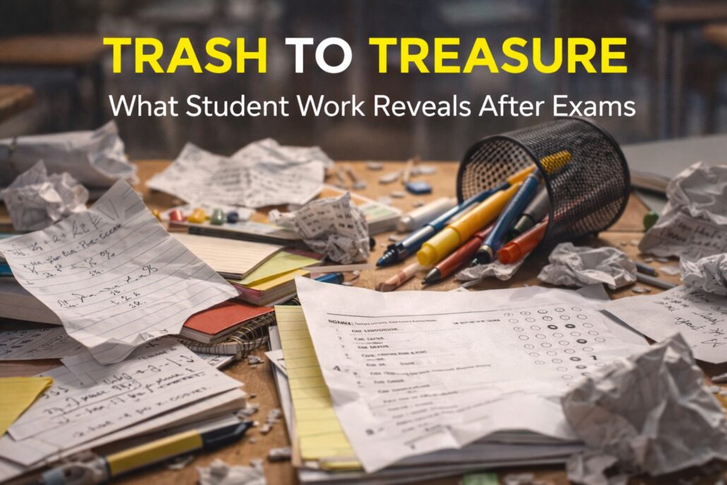discarded student notes with "Trash to Treasure" at the top