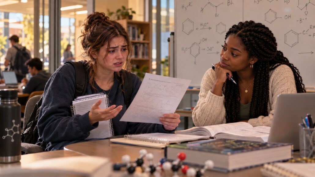 Two female college-aged students studying in learning center.