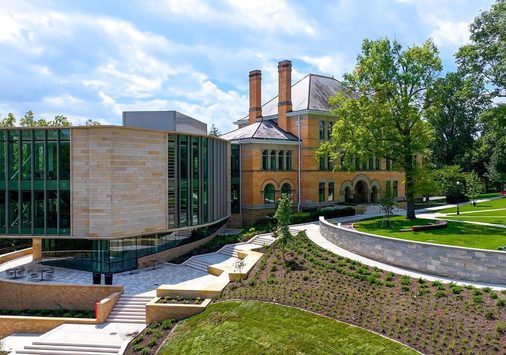 A Denison academic building, where a historic hall meets a modern glass addition